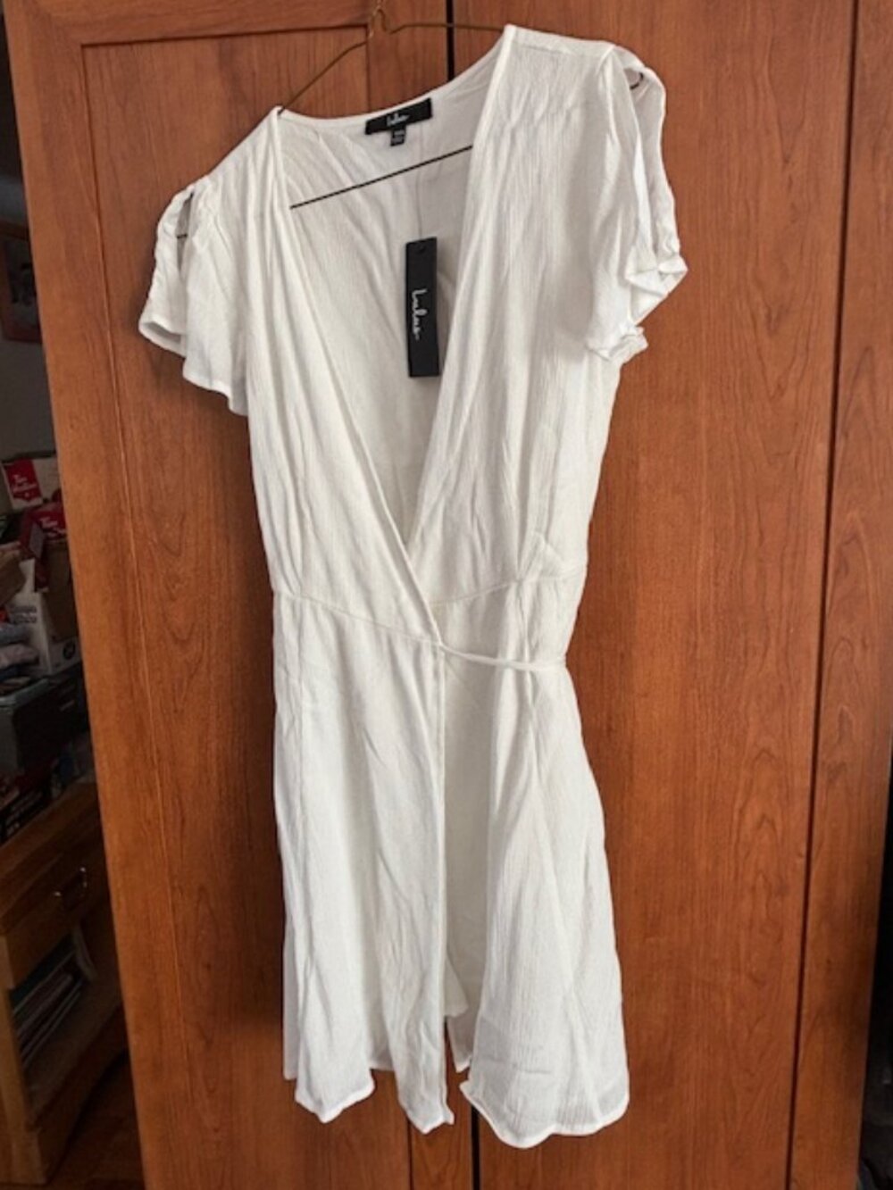 Lulus Harbor Point White Wrap Dress Slit- Flutter Sleeve V-neck Size XXS NWT